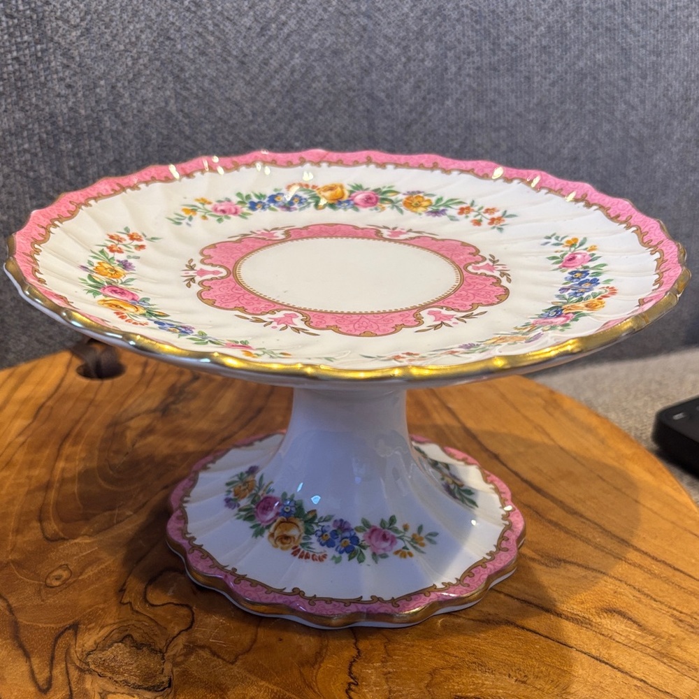 Crown Staffordshire Porcelain Pink Floral Pedestal Cake Stand
